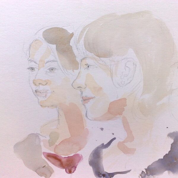 "Freundinnen", Straßen Doppelporträt bei der Connewitzer Straßenfest in Leipzig, Aquarell