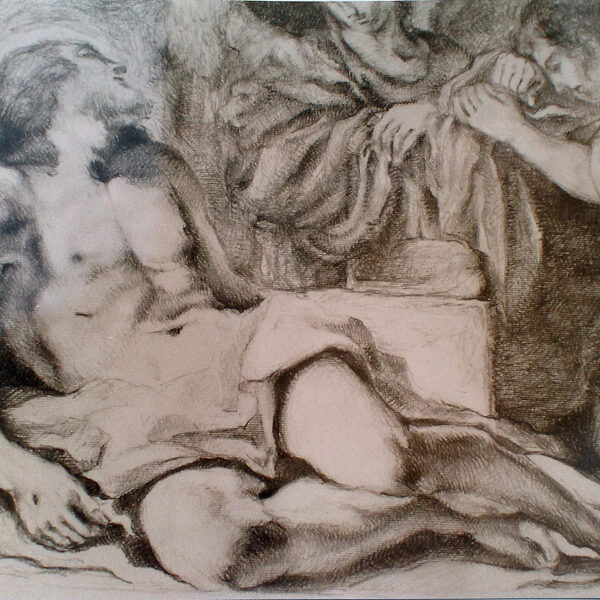 „Der tote Christus betrauert von zwei Engeln“, Bleistift-Kunstkopie nach Guercino