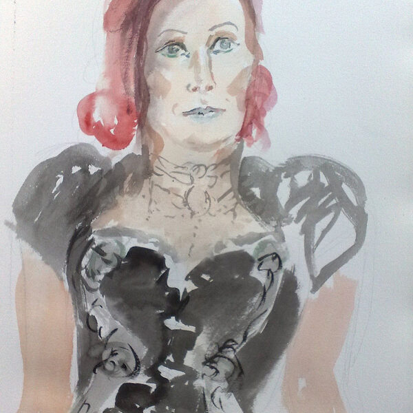 „Dame im Schwarz“, Straßen Porträt beim WGT von Leipzig, Aquarell