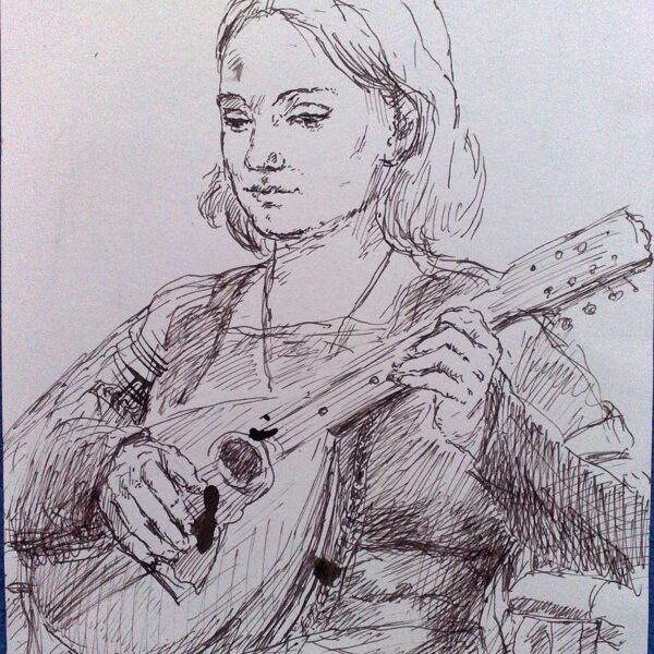 "Karina spielt in Renaissance-Kostüm", Tusche