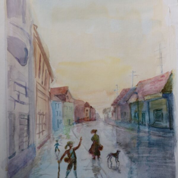 "Nach dem Regen: die Dessauer Strasse in Bitterfeld", Phantasiebild, Aquarell