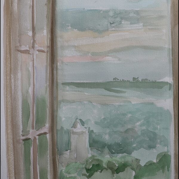 "Blick vom Rittergut Kreipitzsch auf die Rudelsburg im Abendlicht", Aquarell, Büttenpapier