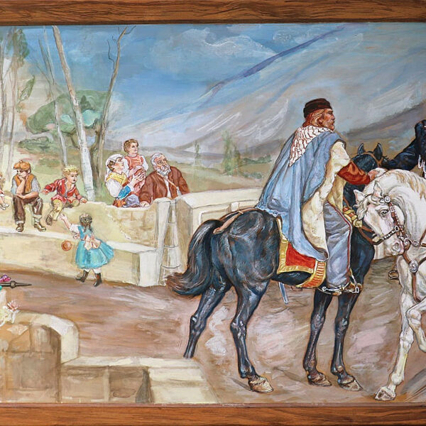 "L'Incontro di Teano", ispirato a Pietro Aldi, cornice a Trompe l'oeil, tempera su tela