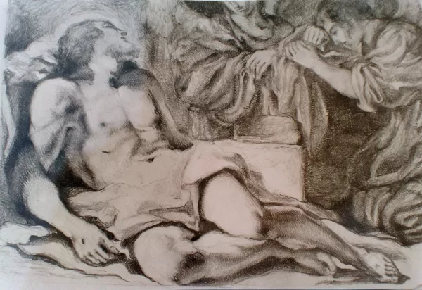 „Der tote Christus betrauert von zwei Engeln“, Bleistift-Kunstkopie nach Guercino