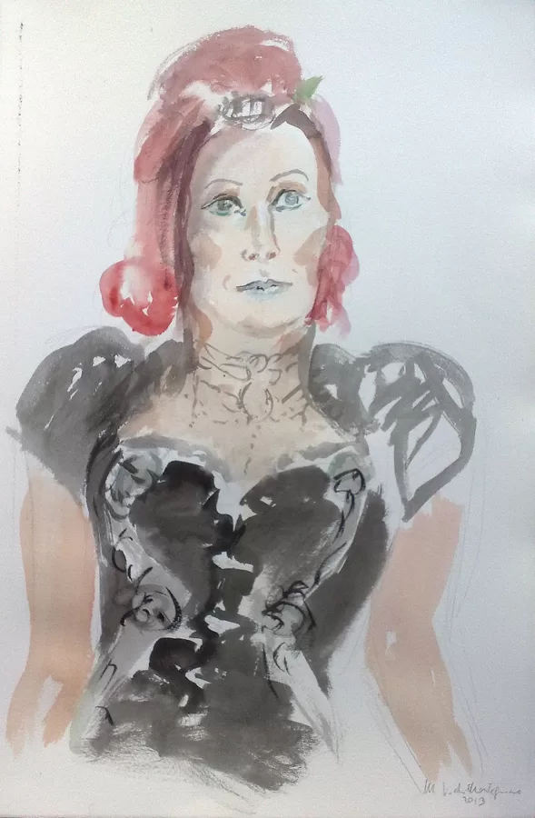 „Dame im Schwarz“, Straßen Porträt beim WGT von Leipzig, Aquarell