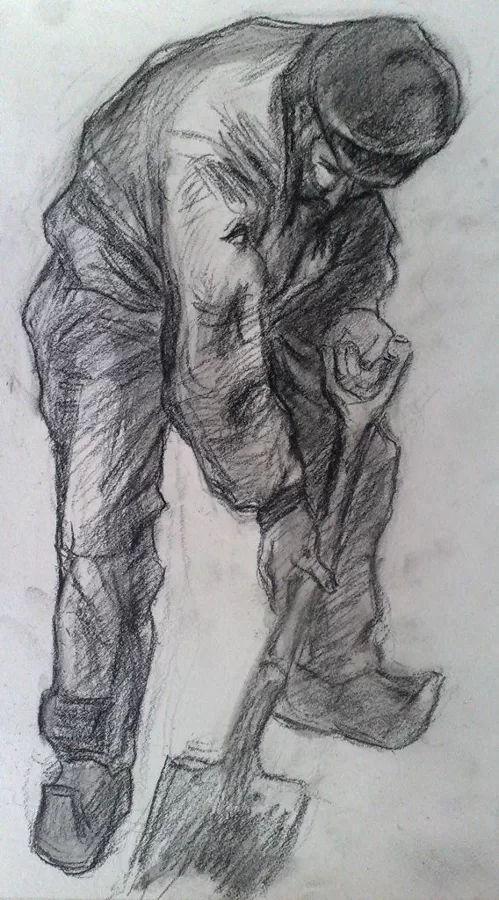„Arbeitender Bauer“, Kunstkopie nach Van Gogh, Kohlestift