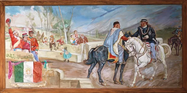 „Treffen in Teano“, nach Pietro Aldi, mit Trompe l´oeil-Rahmen, Tempera auf Leinwand