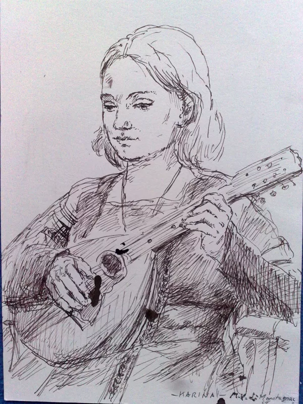 "Karina spielt in Renaissance-Kostüm", Tusche
