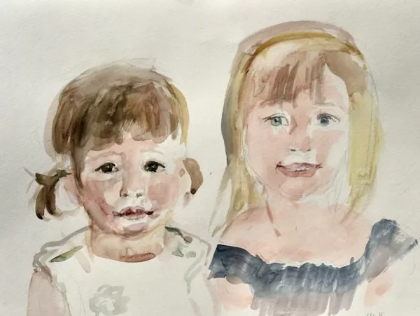 "Zwei Kinder", Strassenporträt, Aquarell