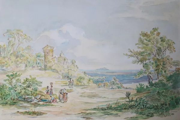 "Castel Gandolfo", Kunstkopie nach Johann Jakob Frey, Aquarell und Deckweiss