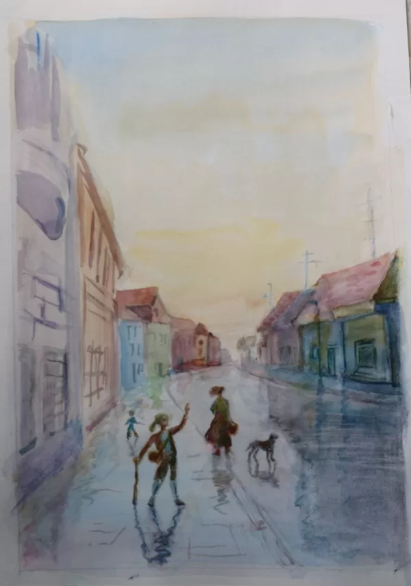 "Nach dem Regen: die Dessauer Strasse in Bitterfeld", Phantasiebild, Aquarell