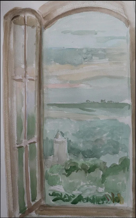 "Blick vom Rittergut Kreipitzsch auf die Rudelsburg im Abendlicht", Aquarell, Büttenpapier