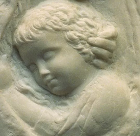 "Maria mit Jesuskind", Carrara-Marmor, Detail