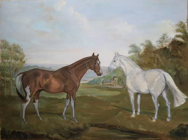 "Dexter, Franca e la vecchia birreria di Lipsia Lützschena" in stile George Stubbs, olio