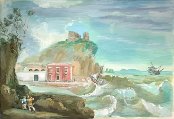"Scopello", paesaggio siciliano in stile veneziano, tempera su carta