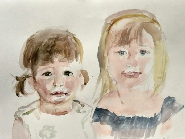 "Due bambine", ritratto di strada, acquerello