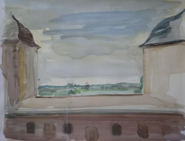 "Castello di Coswig e vista sul fiume Elbe", acquerello su carta fatta a mano