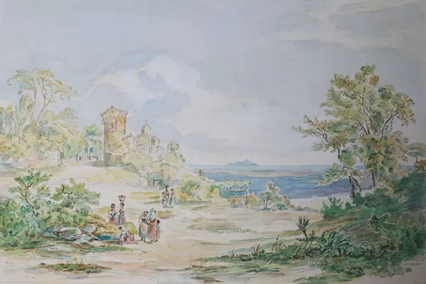 "Castel Gandolfo", copia d'arte da Johann Jakob Frey, acquerello e bianco tempera