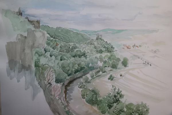"Valle del Saale, Rudelsburg, Burg Saaleck", acquerello su carta fatta a mano