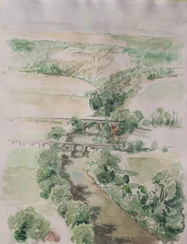 "Veduta della vallata del Saale dal castello Rudelsburg", acquerello su carta fatta a mano