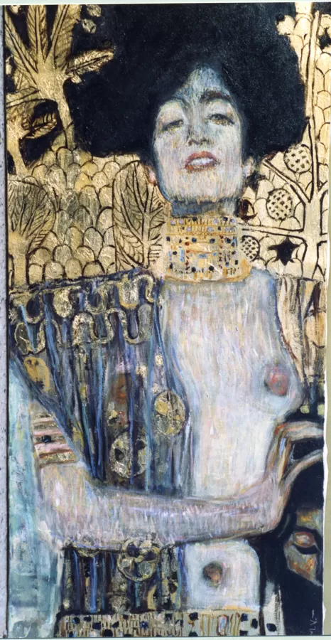 "Giuditta con la testa di Oloferne", copia d'arte da Klimt, olio e foglia d'oro su tela