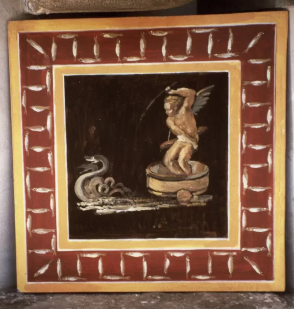 "Putto su un carro", copia d'arte da Raffaello, pigmenti e legante acrilico su pannello